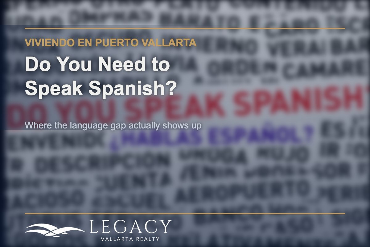 Spanish vocabulary word collage representing language topic in Puerto Vallarta