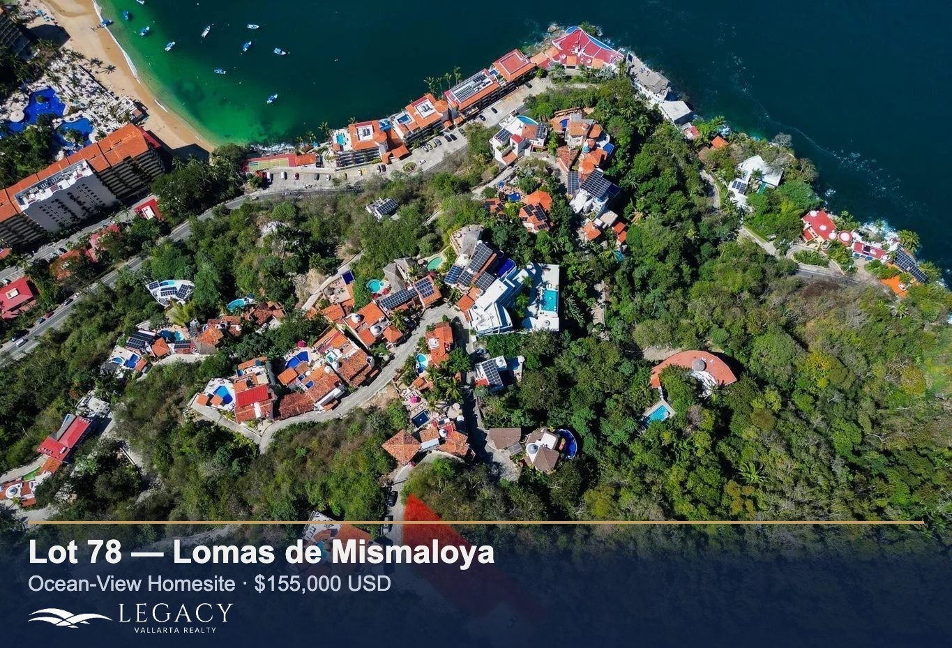 Aerial view of Lot 78 in Lomas de Mismaloya, ocean-view lot for sale, $155,000 USD