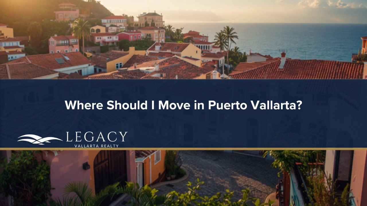 Colorful Puerto Vallarta hillside neighborhood at sunset with ocean view