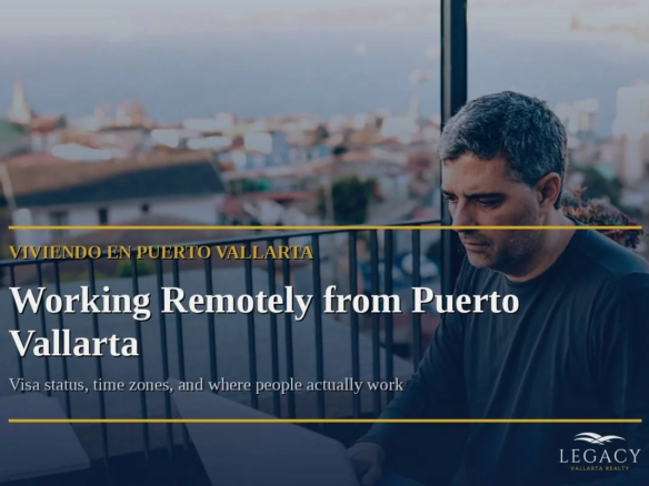 A remote worker on a terrace overlooking Puerto Vallarta