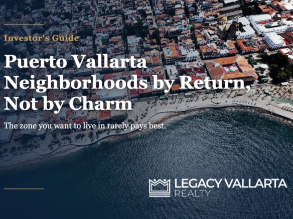 Aerial view of the Puerto Vallarta Malecon and El Centro rooftops from above the bay
